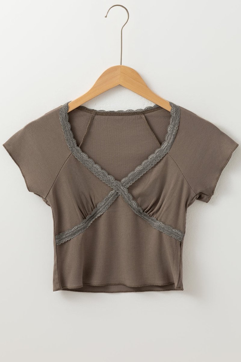Dark Brown Lace Splicing Criss Cross Slim Fit V Neck T Shirt - Love Salve